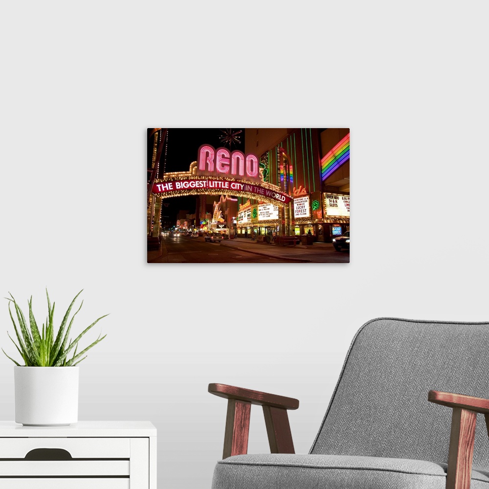 A modern room featuring Nevada, Reno. Neon lights and casinos along Virginia Street.