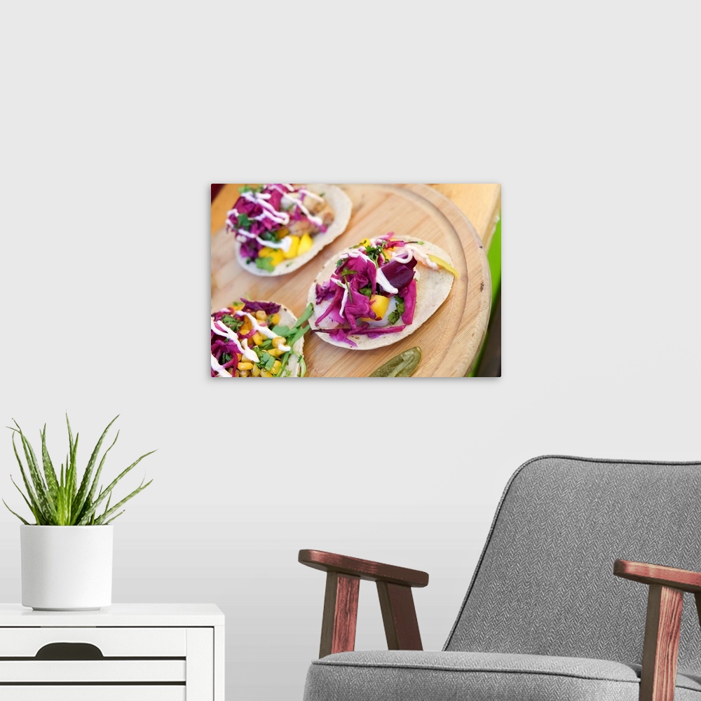 A modern room featuring New York City, New York, USA. Mexican tacos.