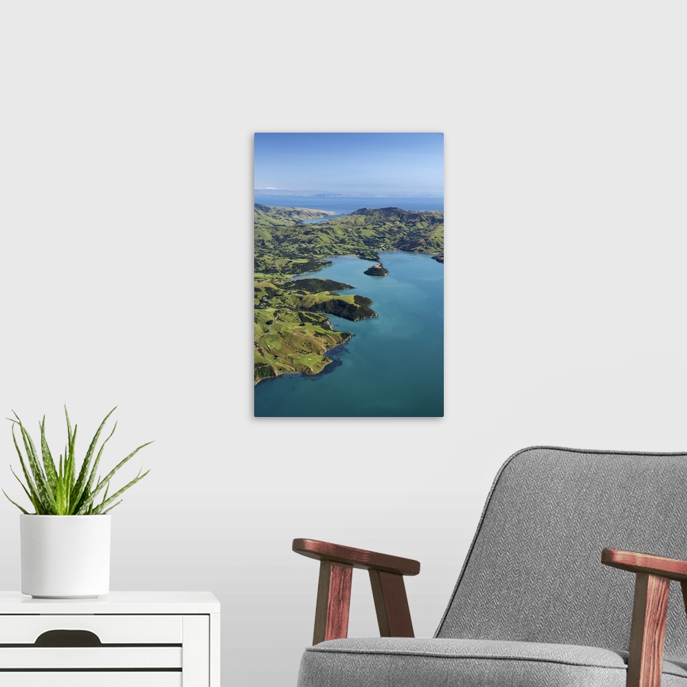 A modern room featuring Akaroa Harbour, Banks Peninsula, Canterbury, South Island, New Zealand- aerial