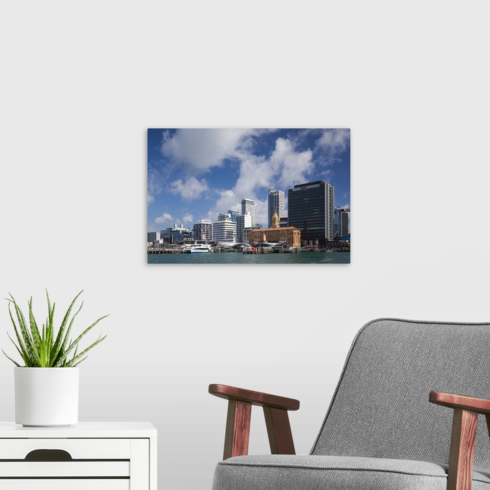 A modern room featuring New Zealand, North Island, Auckland, harbor view skyline with Ferry Building