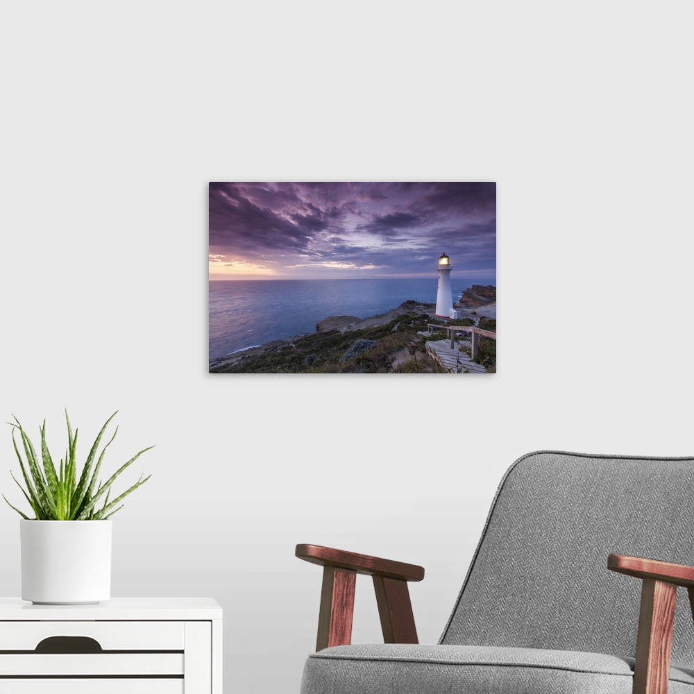 A modern room featuring New Zealand, North Island, Castlepoint, Castlepoint Lighthouse, dawn