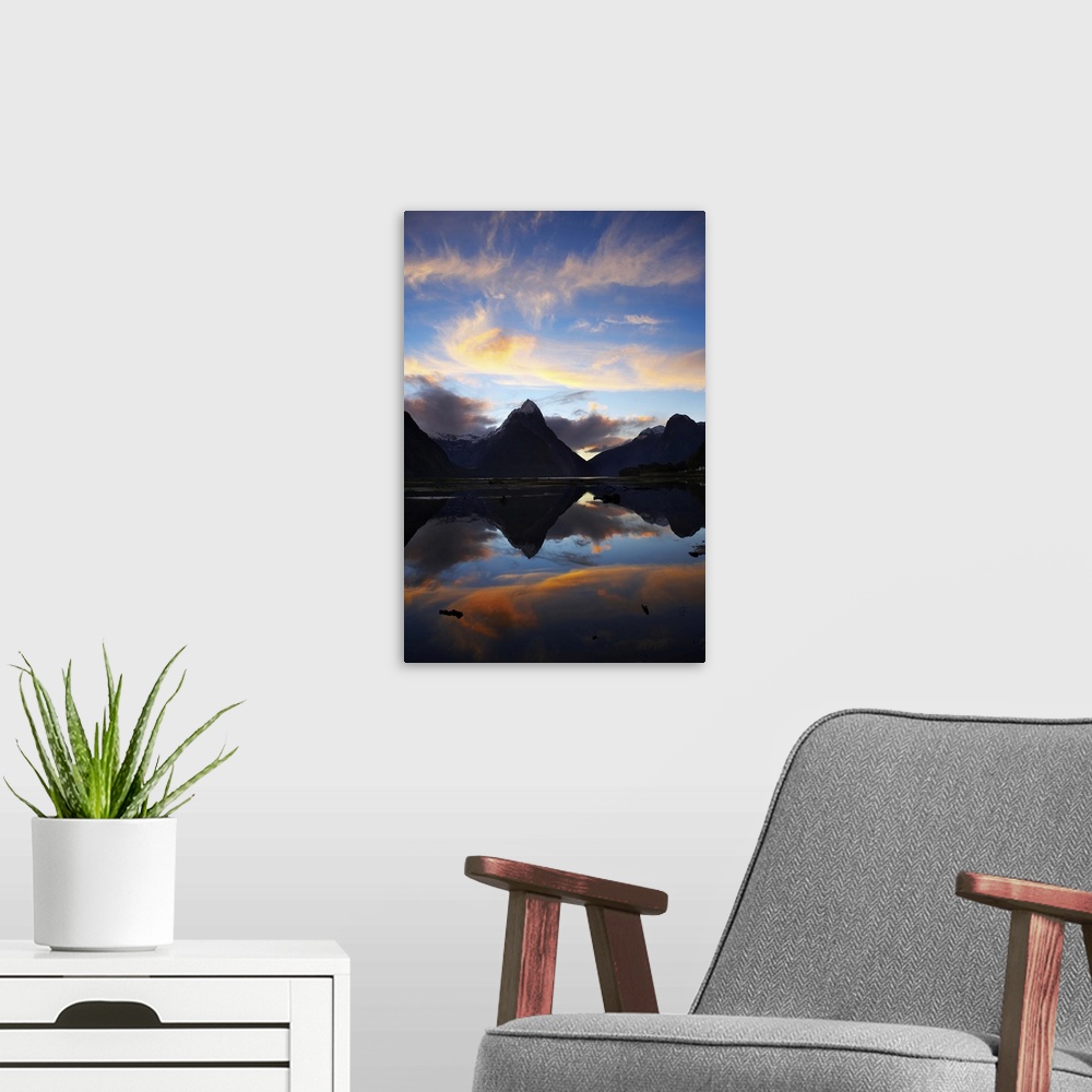A modern room featuring New Zealand, South Island, Fiordland, Sunset, Mitre Peak, Milford Sound, Fiordland National Park