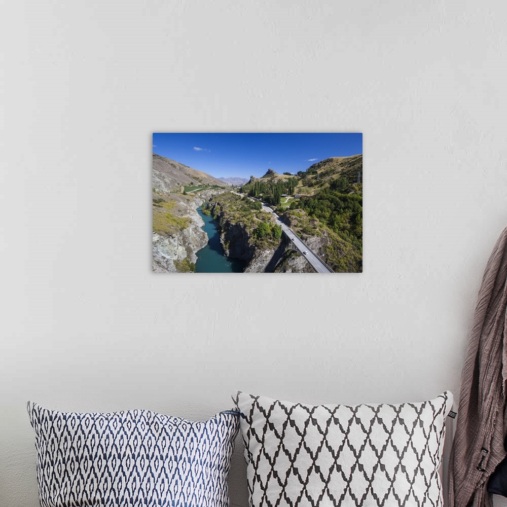 A bohemian room featuring New Zealand, South Island, Otago, Gibbston, elevated view of the Kawarau River