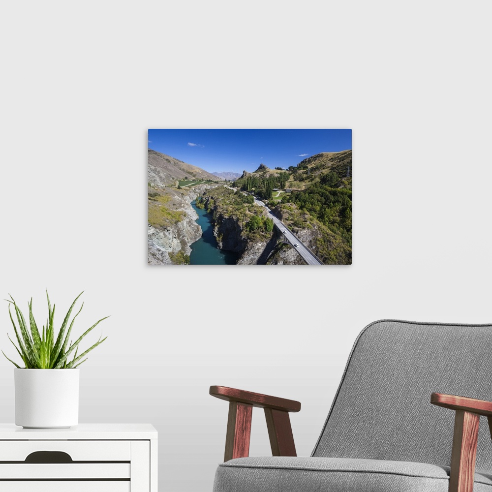 A modern room featuring New Zealand, South Island, Otago, Gibbston, elevated view of the Kawarau River