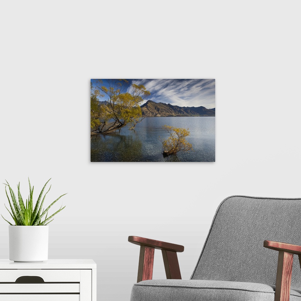 A modern room featuring New Zealand, South Island, Otago, Queenstown, mountain landscape on Lake Wakatipu