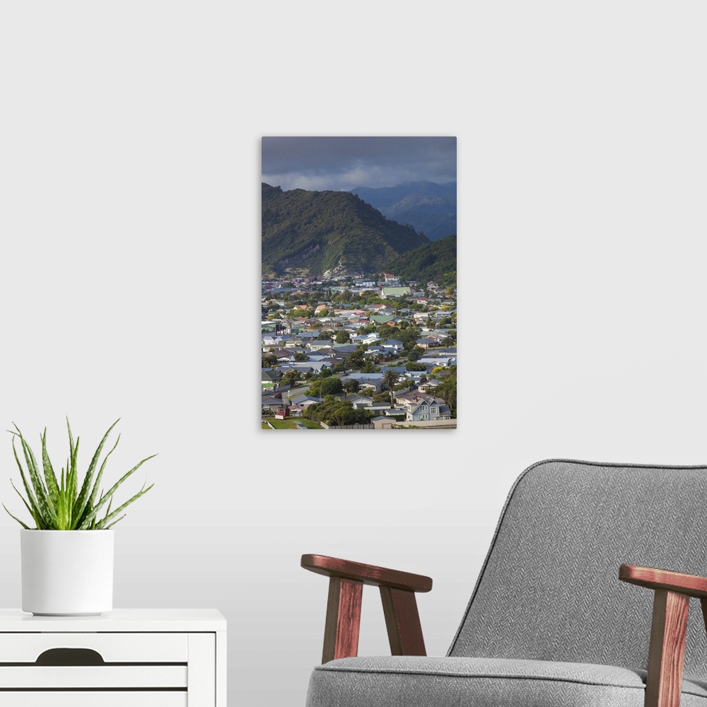 A modern room featuring New Zealand, South Island, West Coast, Greymouth, elevated town view