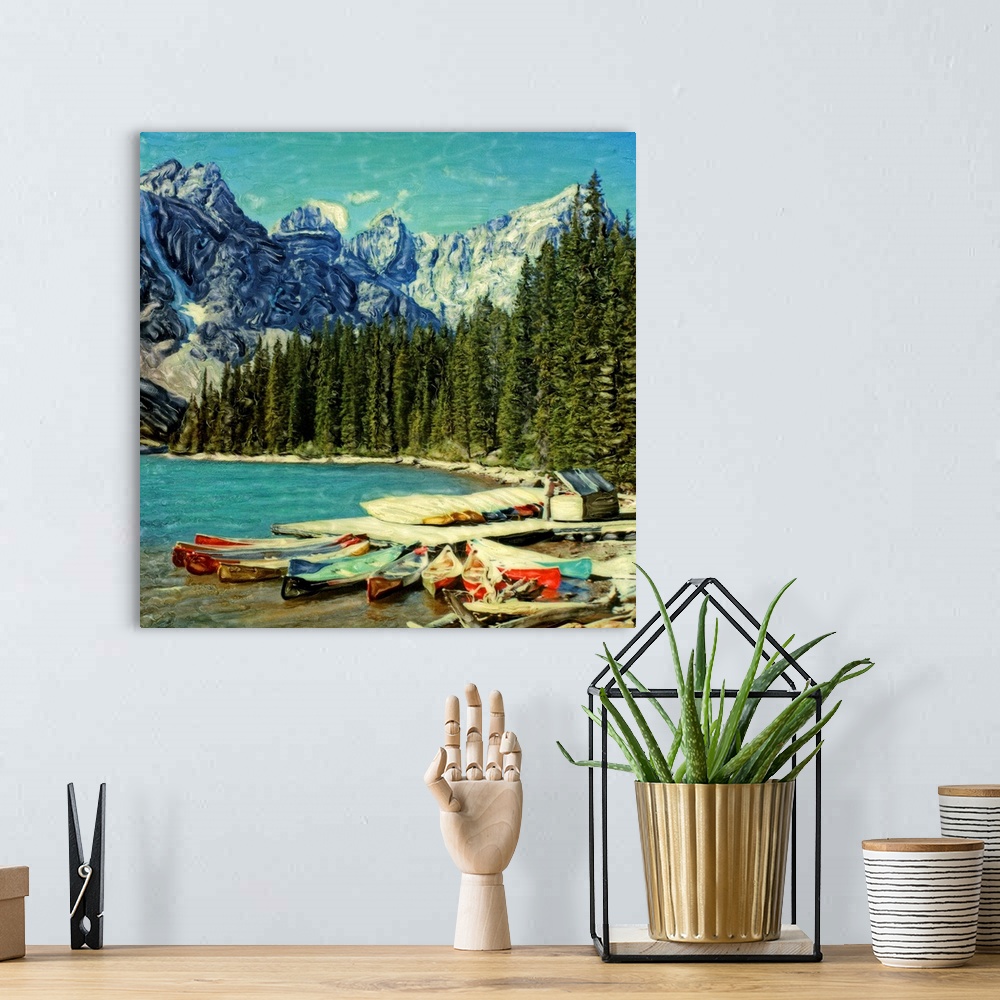 A bohemian room featuring North America, Canada, Banff National Park, Moraine Lake. Canoes along Moraine Lake.  Polaroid SX...