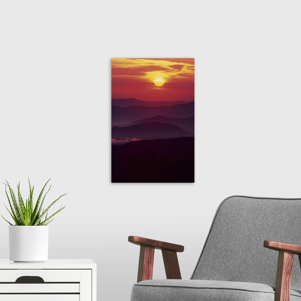 A modern room featuring North Carolina and Tennessee, Great Smoky Mountains National Park, Sunset