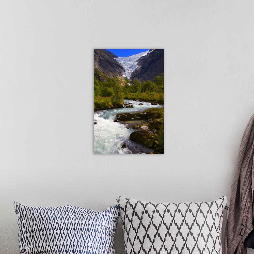 A bohemian room featuring Norway. Briksdal Glacier and River.