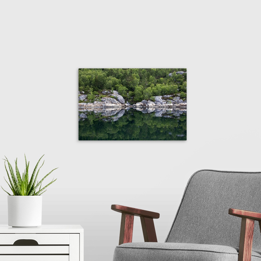 A modern room featuring Norway, Lysefjord. Reflective Landscape of Lysefjord.