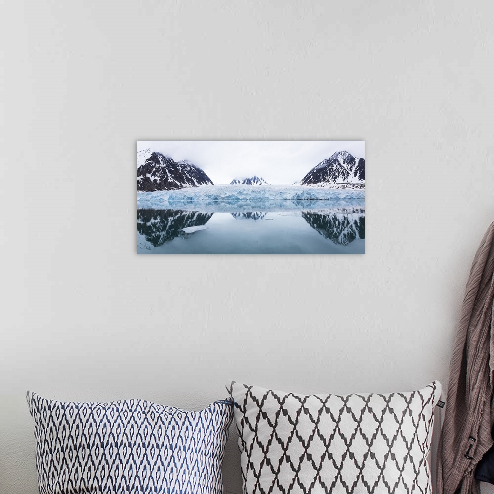 A bohemian room featuring Norway, Svalbard, Monacobreen glacier, Reflections of mountains and glacier.