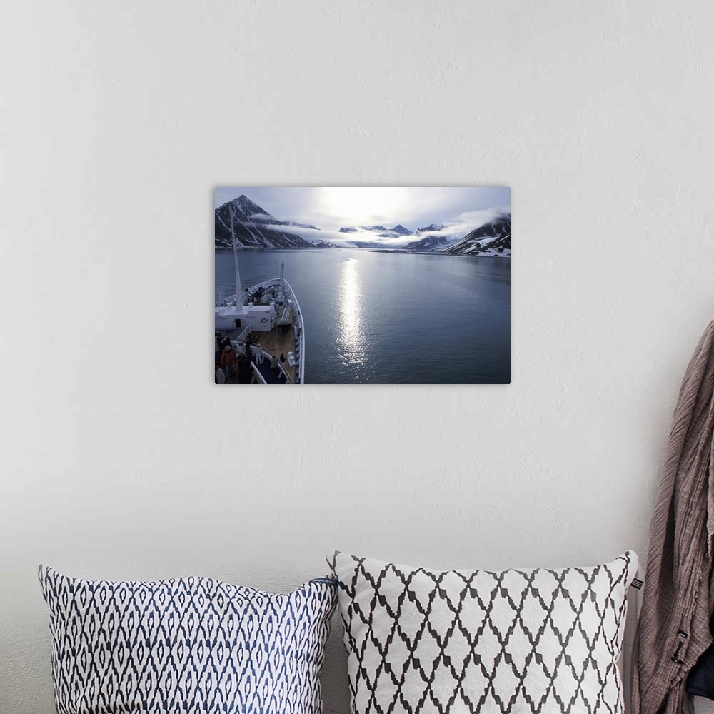 A bohemian room featuring Europe, Norway, Svalbard. Vessel approaching Magdalena Fjord