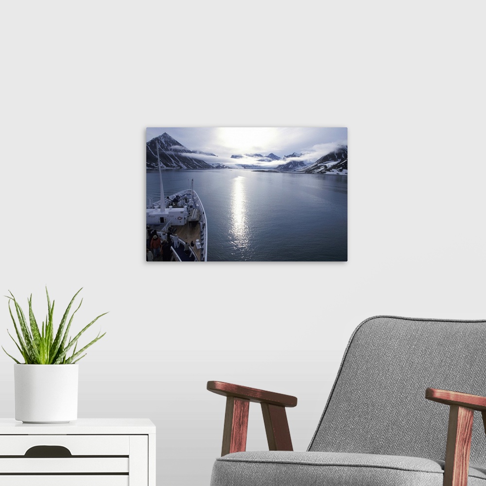 A modern room featuring Europe, Norway, Svalbard. Vessel approaching Magdalena Fjord