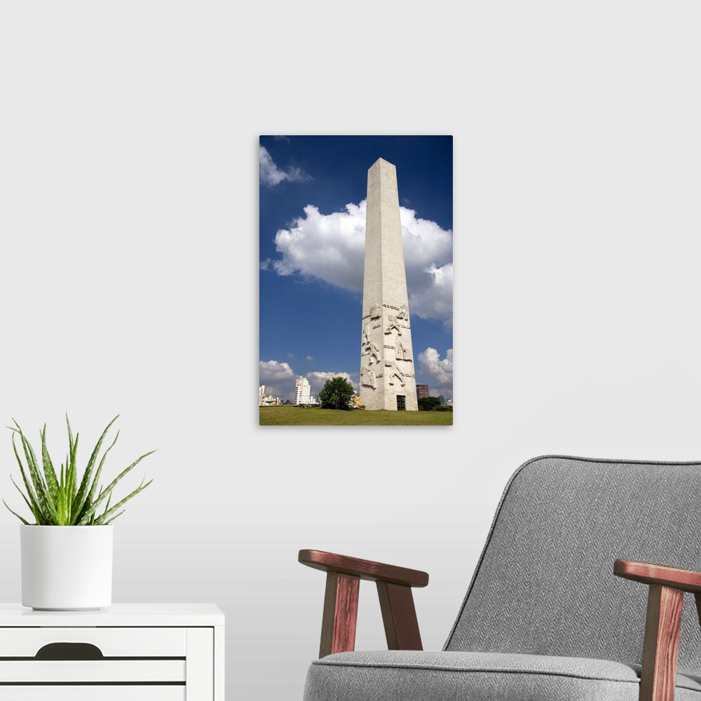 A modern room featuring Obelisk monument to the Tenentes Revolt 1932 in Sao Paulo, Brazil.