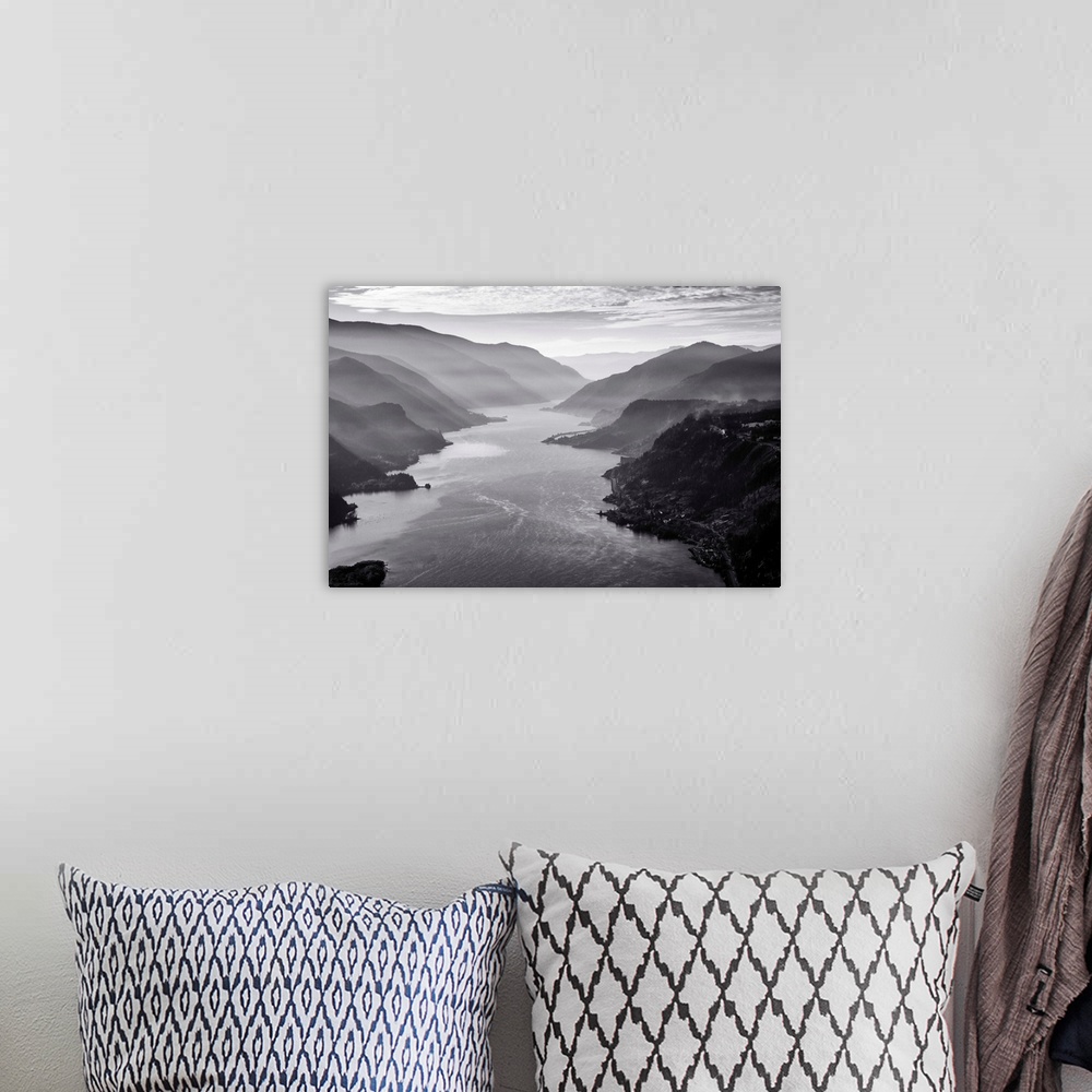 A bohemian room featuring USA, Oregon,  aerial landscape looking west down the Columbia Gorge.