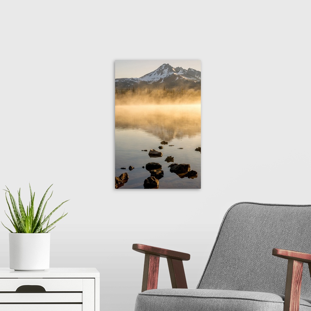 A modern room featuring USA, Oregon, Sparks Lake. Misty lake and Mt. Bachelor.