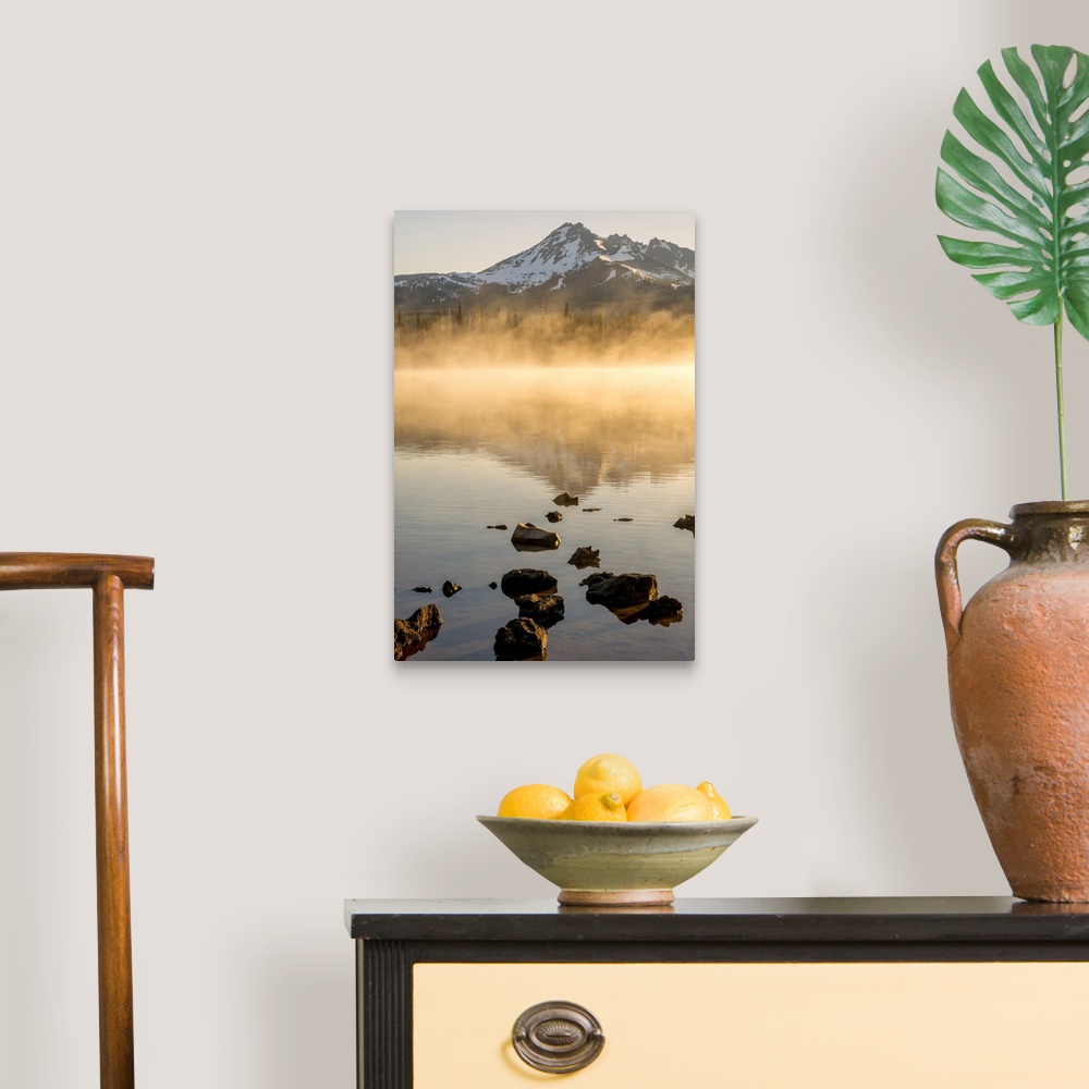 A traditional room featuring USA, Oregon, Sparks Lake. Misty lake and Mt. Bachelor.