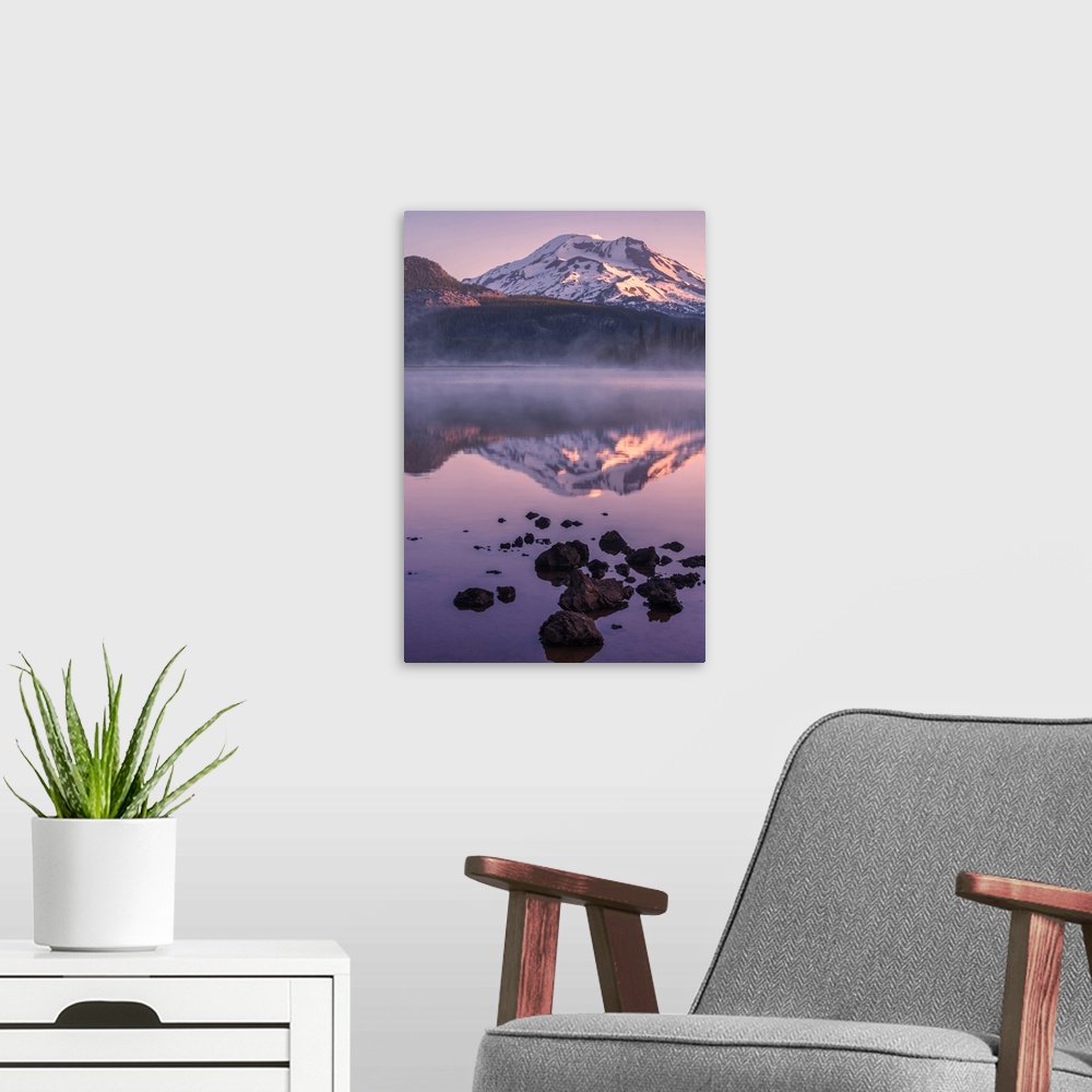 A modern room featuring USA, Oregon, Sparks Lake. Misty lake and Mt. Bachelor.