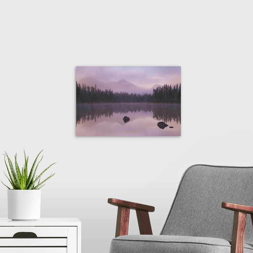 A modern room featuring USA, Oregon, Willamette National Forest. Foggy sunrise on Scott Lake and Three Sisters mountains.