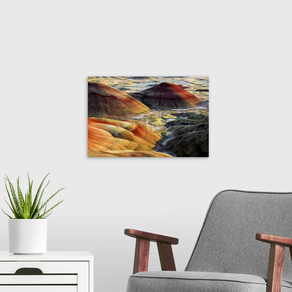 A modern room featuring Painted Hills, sunset, John Day Fossil Beds National Monument, Mitchell, Oregon, USA
