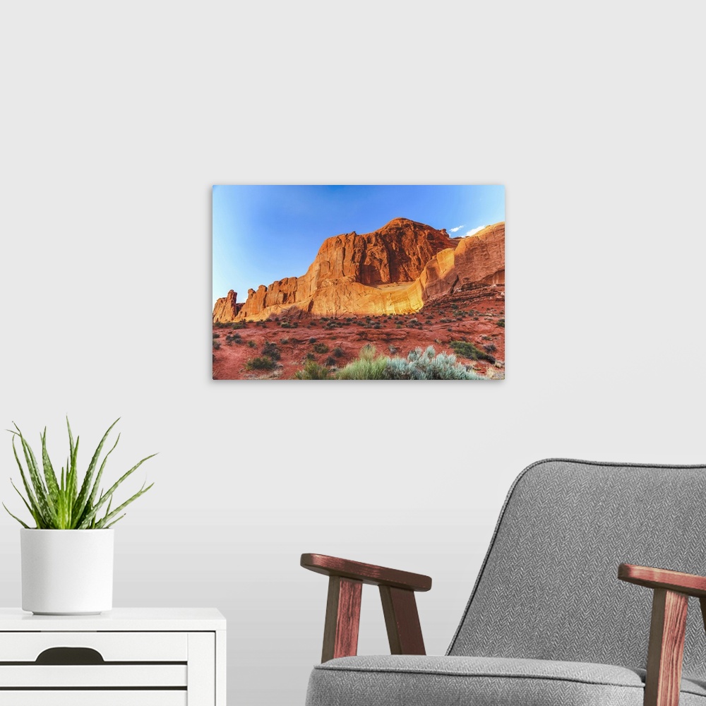 A modern room featuring Park Avenue Section, Arches National Park, Moab, Utah, USA. Classic sandstone walls, hoodoos and ...