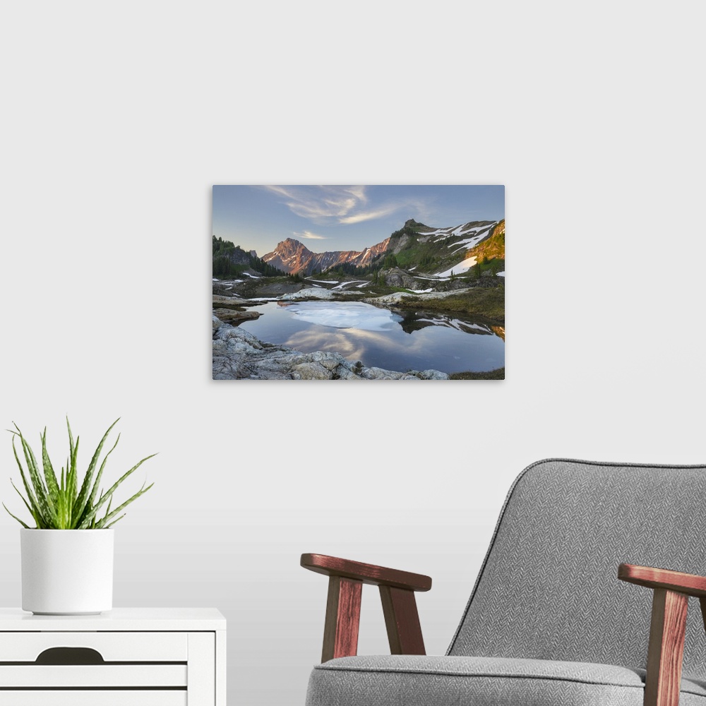 A modern room featuring Partially thawed tarn, Yellow Aster Butte Basin. American Border Peak and Yellow Aster Butte are ...