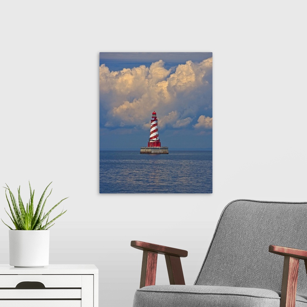A modern room featuring Passing by White Shoal Lighthouse leaving Beaver Island.