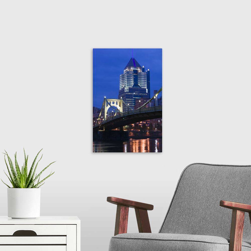 A modern room featuring Pennsylvania, Pittsburgh, Downtown View from Allegheny Landing by 6th Street Bridge, Dawn.