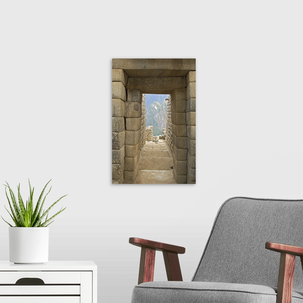 A modern room featuring Peru, Machu Picchu, Close-up of double-jamb doorway entrance.