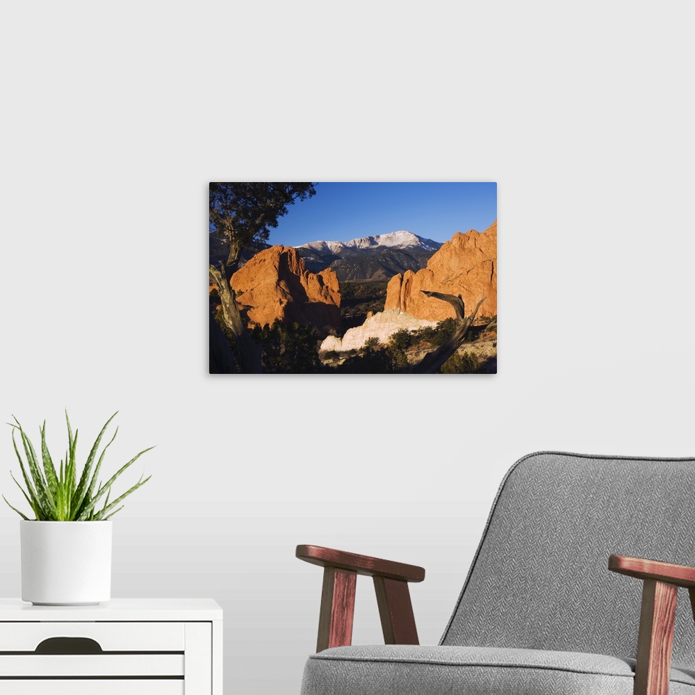 A modern room featuring Rock formation and Pikes Peak at Sunrise, Garden of The Gods National Landmark, Colorado Springs,...