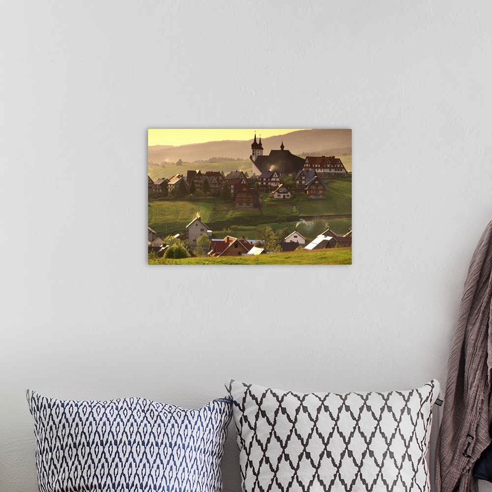 A bohemian room featuring Poland, Carpathian Mountains., Kluszkowce. Sunset, Town and new church