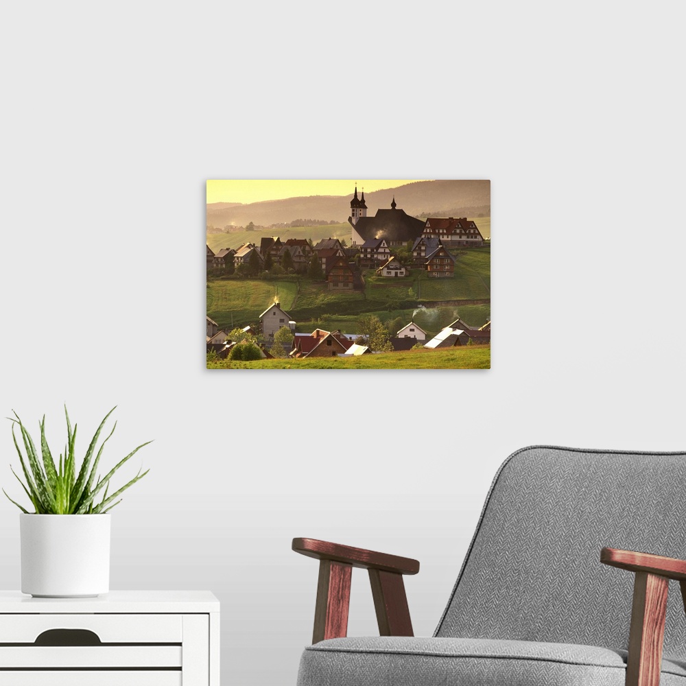 A modern room featuring Poland, Carpathian Mountains., Kluszkowce. Sunset, Town and new church