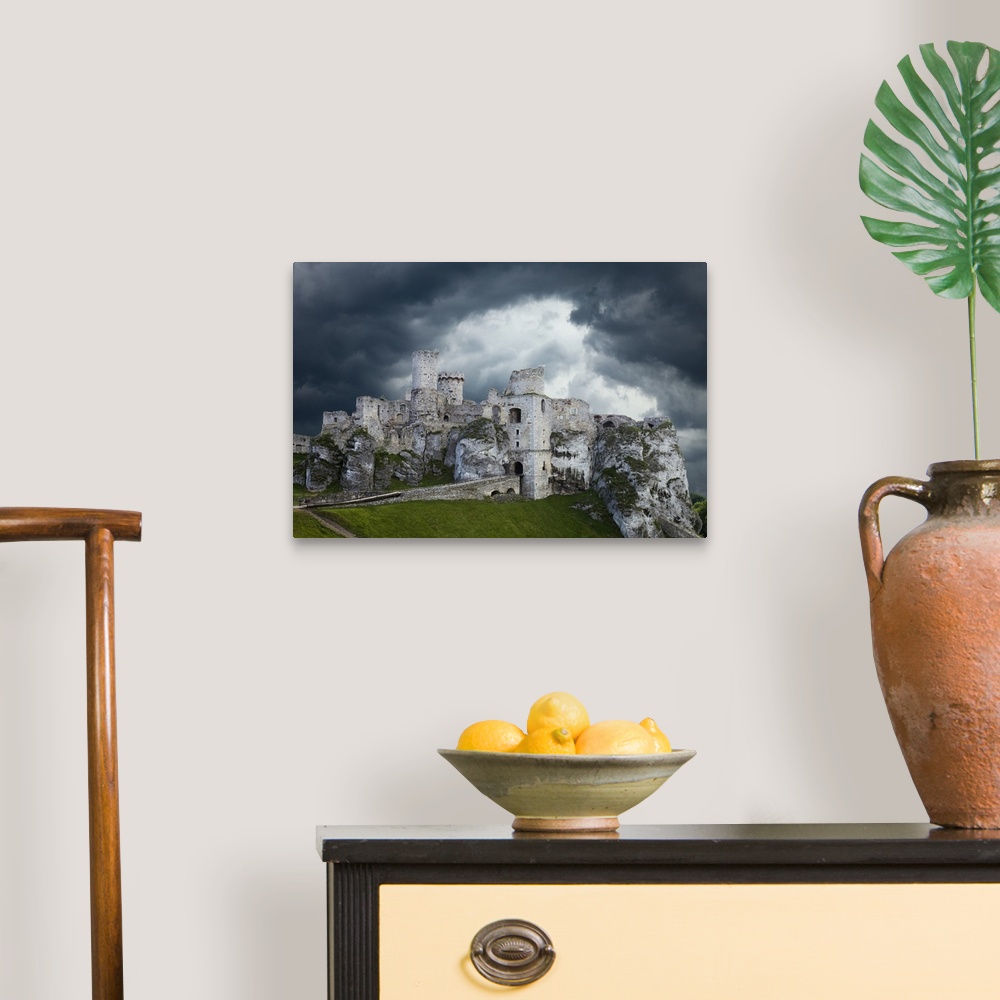A traditional room featuring Poland. Composite of Ogrodzieniec Castle.