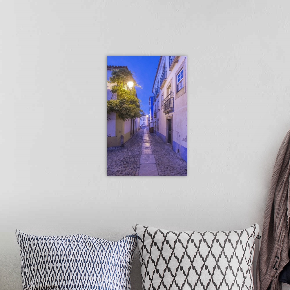 A bohemian room featuring Portugal, Obidos, Cobblestone Street in the Historic Center at Dawn.
