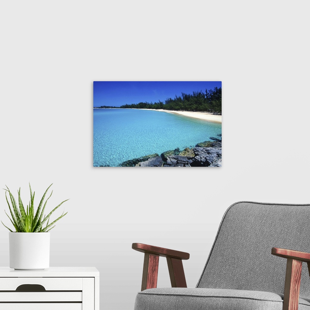 A modern room featuring Pristine beach, Fernandez Bay, Cat Island, Bahamas.