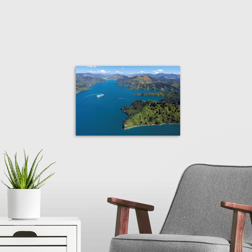 A modern room featuring Queen Charlotte Sound, Marlborough Sounds, South Island, New Zealand - aerial