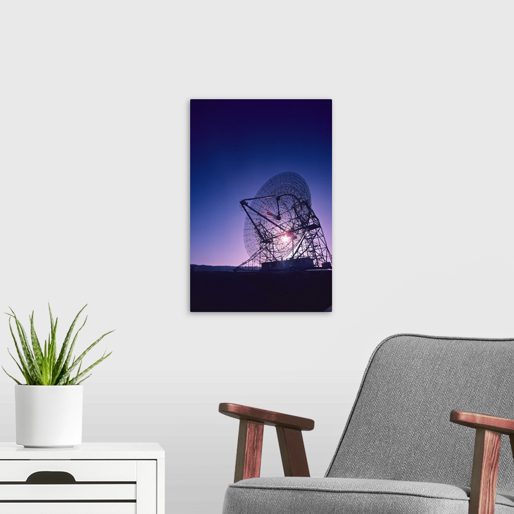 A modern room featuring Radio telescope at sunset, Stanford, California.