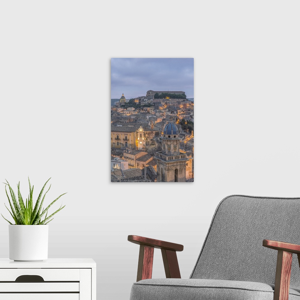 A modern room featuring Europe, Italy, Sicily, Ragusa, Looking Down on Ragusa Ibla at Dusk.