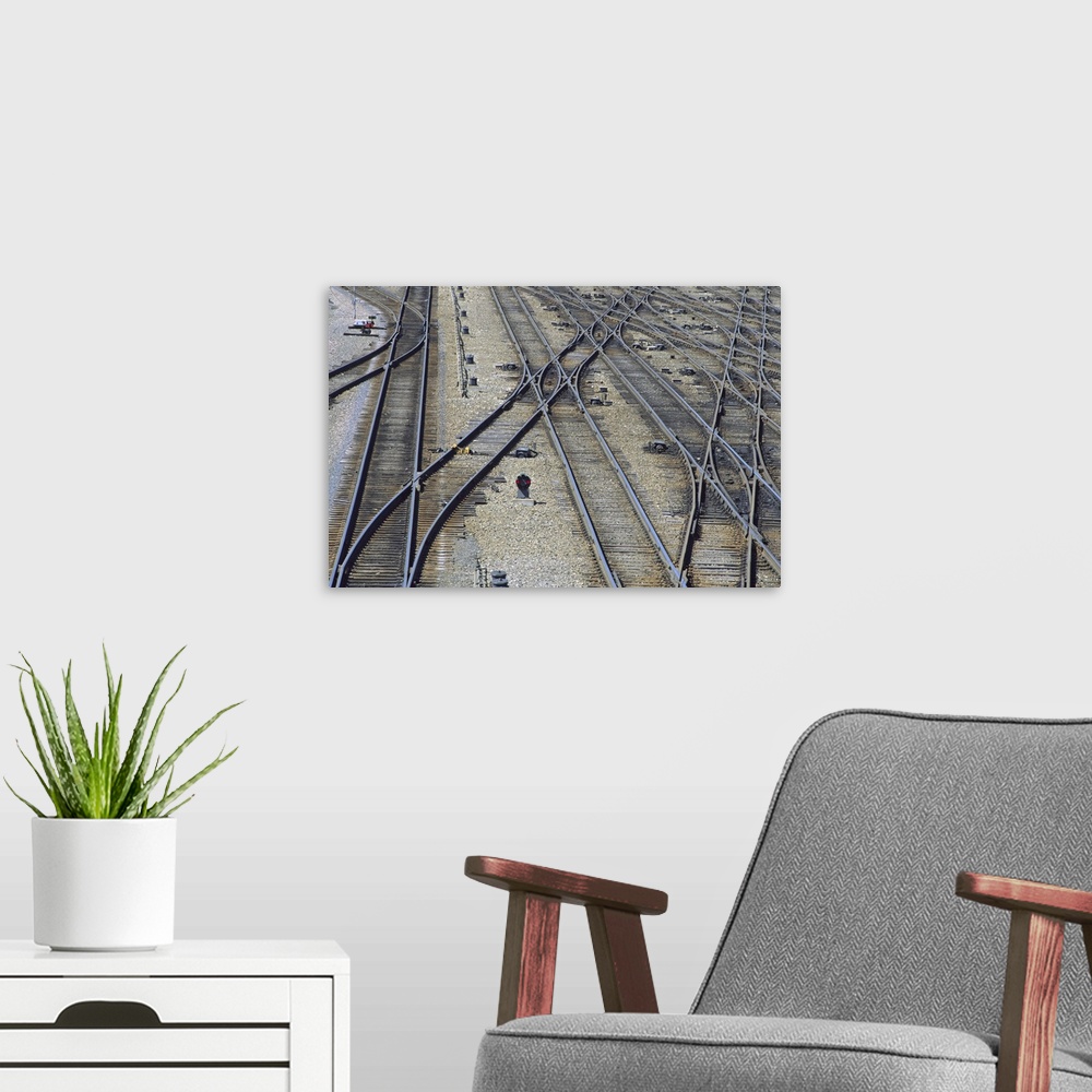 A modern room featuring Railroad switching yard tracks