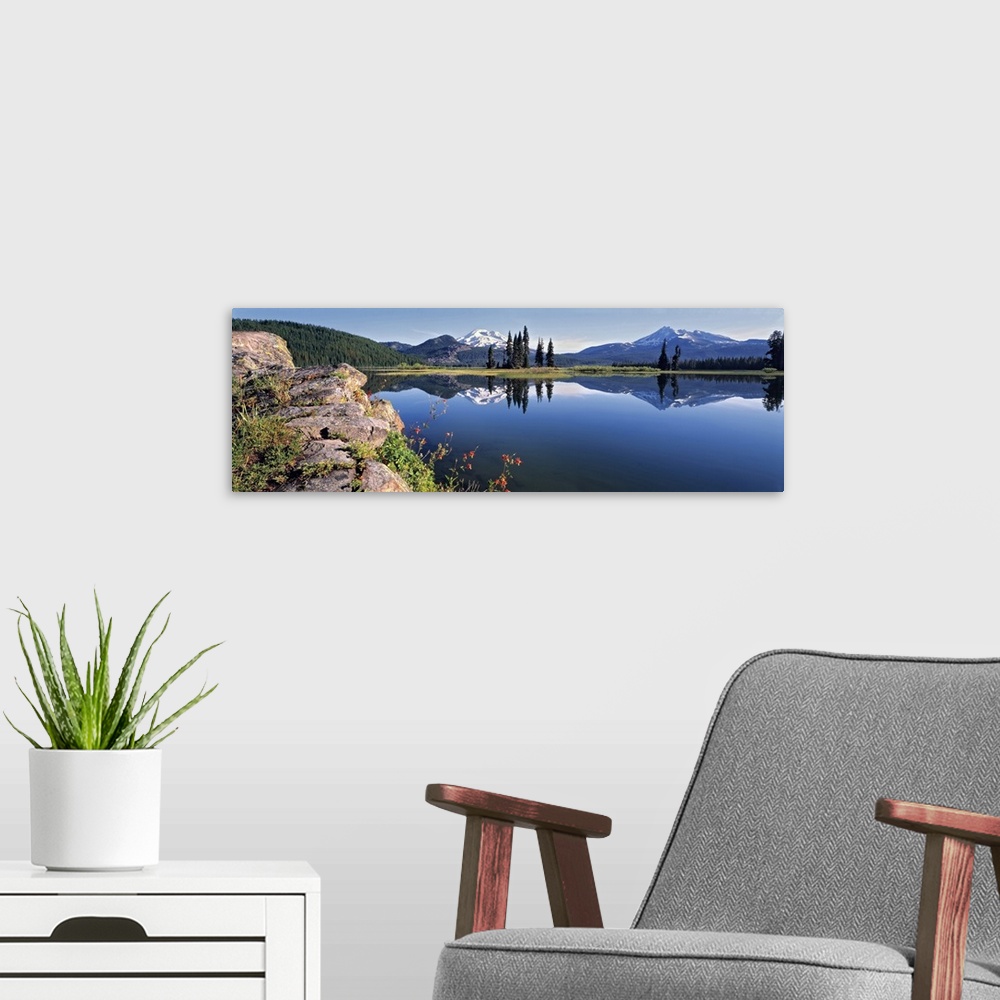 A modern room featuring USA, Oregon, Sparks Lake. Red Columbine grow from a rock outcrop at Sparks Lake in the Cascades R...