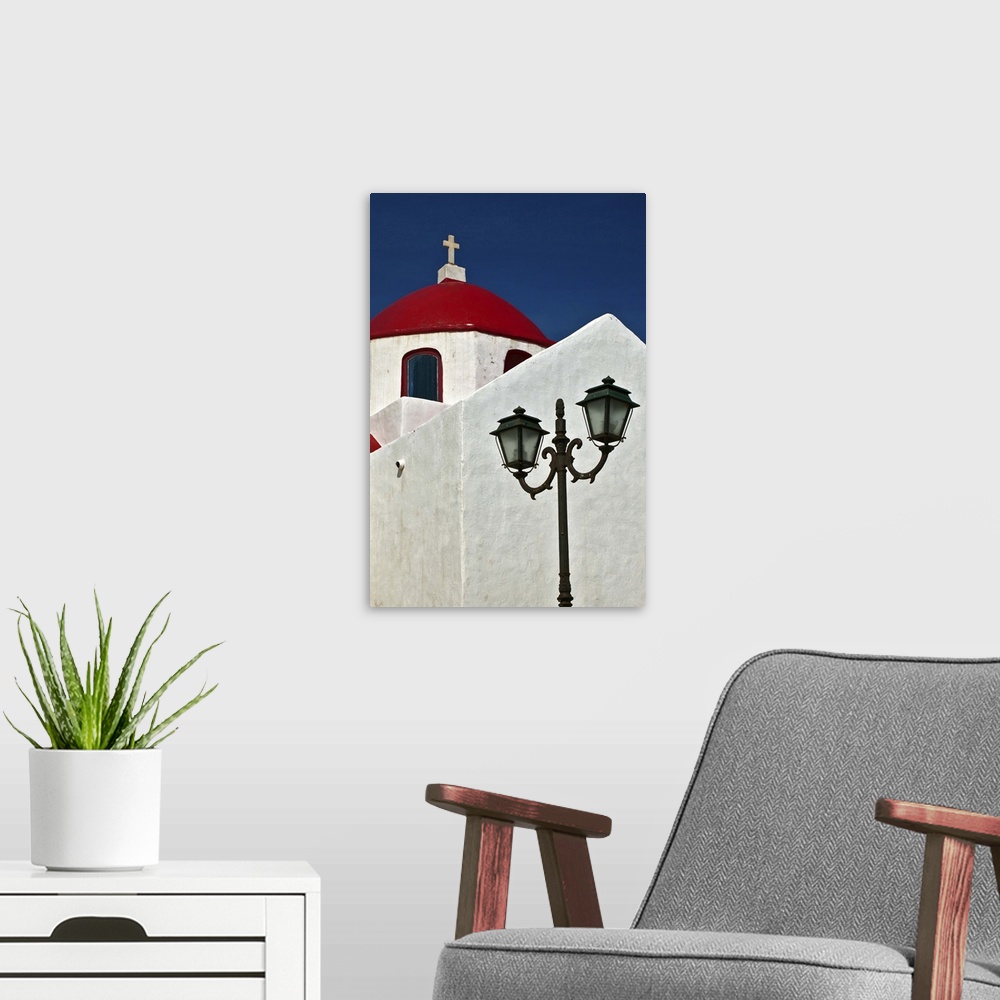 A modern room featuring Red domed church, Mykonos, Greece