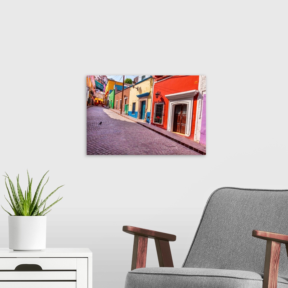 A modern room featuring Red Pink Colorful Houses Narrow Street Guanajuato Mexico.