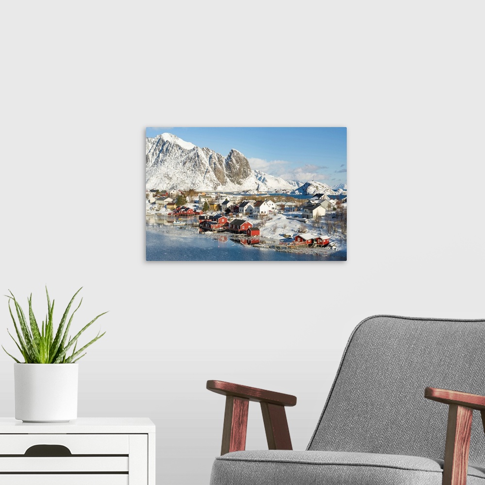 A modern room featuring Village Reine on the island Moskenesoya. The Lofoten Islands in northern Norway during winter. Eu...