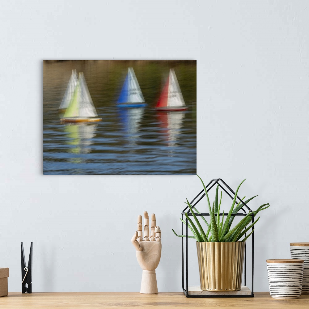 A bohemian room featuring Usa, Washington State, Renton. Model yacht club remote control sailboats at Gene Coulon Park on L...