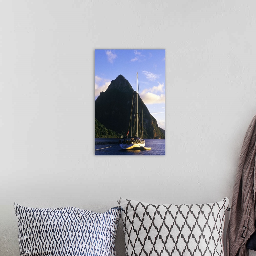 A bohemian room featuring Sailboat in front of Petit Piton, Souffriere, St Lucia, Caribbean