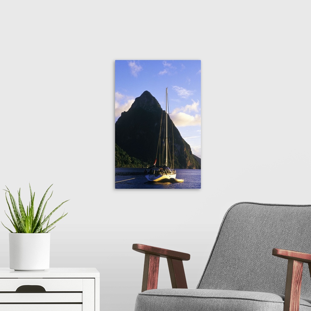A modern room featuring Sailboat in front of Petit Piton, Souffriere, St Lucia, Caribbean