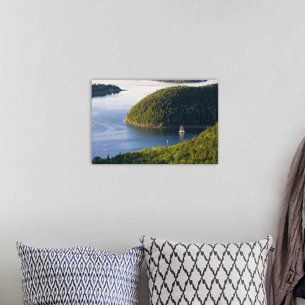 A bohemian room featuring Sailboats moored in Valley Cove as seen from Acadia Mountain in Maine's Acadia National Park.  Fl...