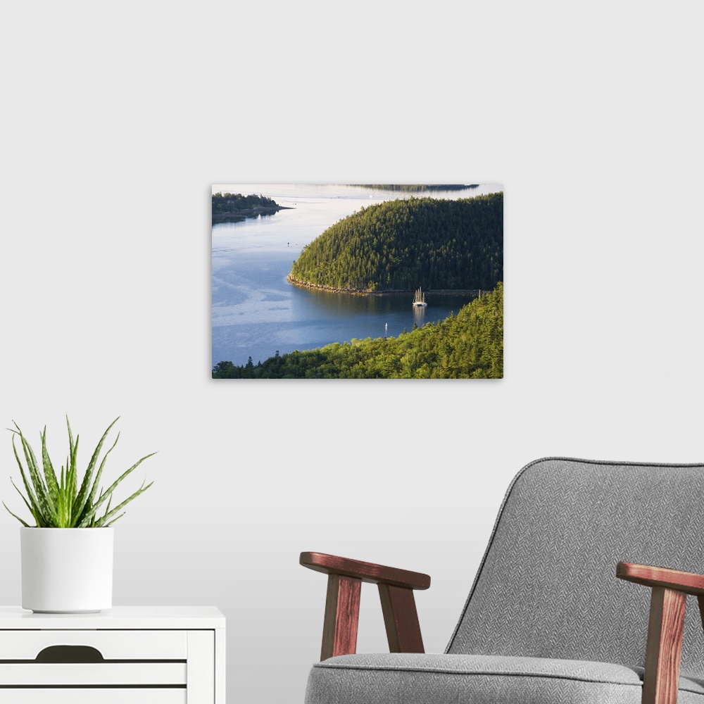 A modern room featuring Sailboats moored in Valley Cove as seen from Acadia Mountain in Maine's Acadia National Park.  Fl...