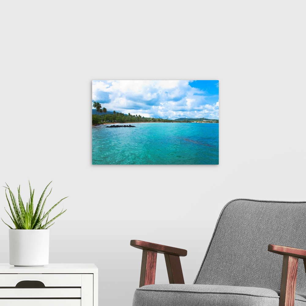 A modern room featuring San Juan, Puerto Rico - Calm water is seen in the bay of a tropic island. Trees and beach can be ...
