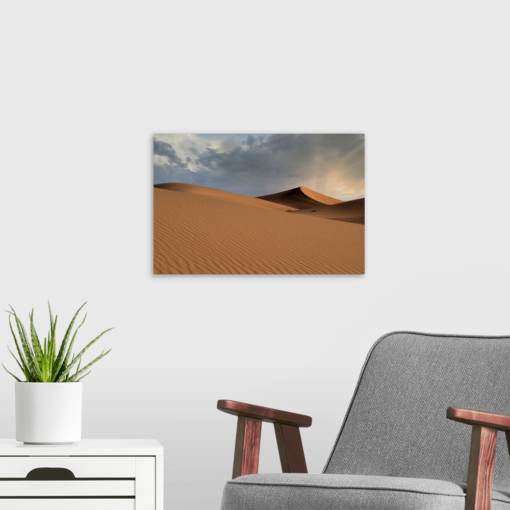A modern room featuring Sand Dunes Glow Orange At Sunset In The Sahara Desert
